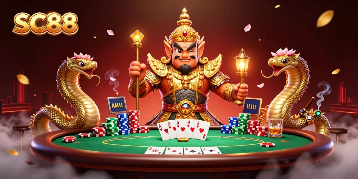 Engage with vibrant SC88 online casino world featuring a Thai guardian and poker action.