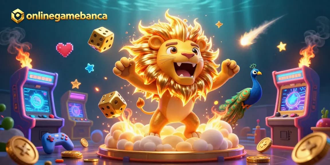 Join the excitement at onlinegamebanca with this vibrant casino-themed illustration featuring a roaring sun lion and dazzling game elements.