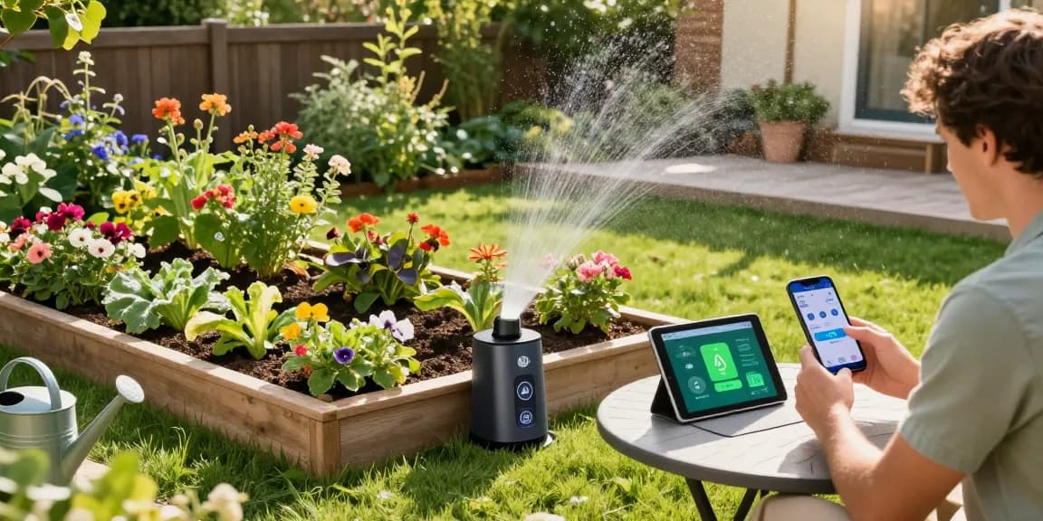Rainpoint smart sprinkler controller in a lush garden, homeowner checking irrigation schedule with smartphone.