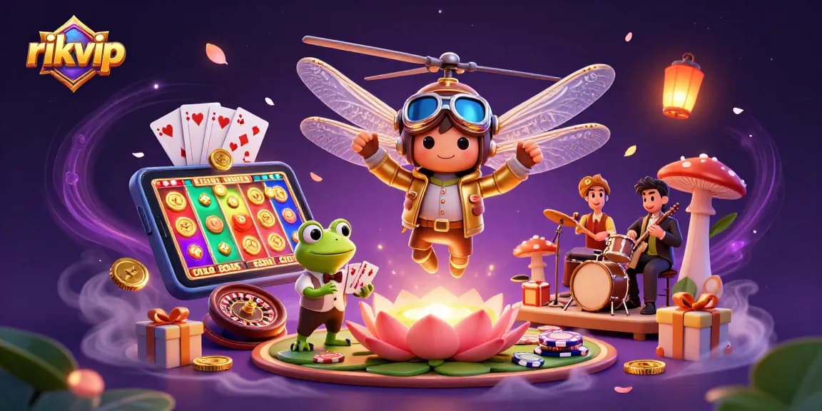 Experience the magic of rikvip at a lily pad casino with lively characters and vibrant game elements.