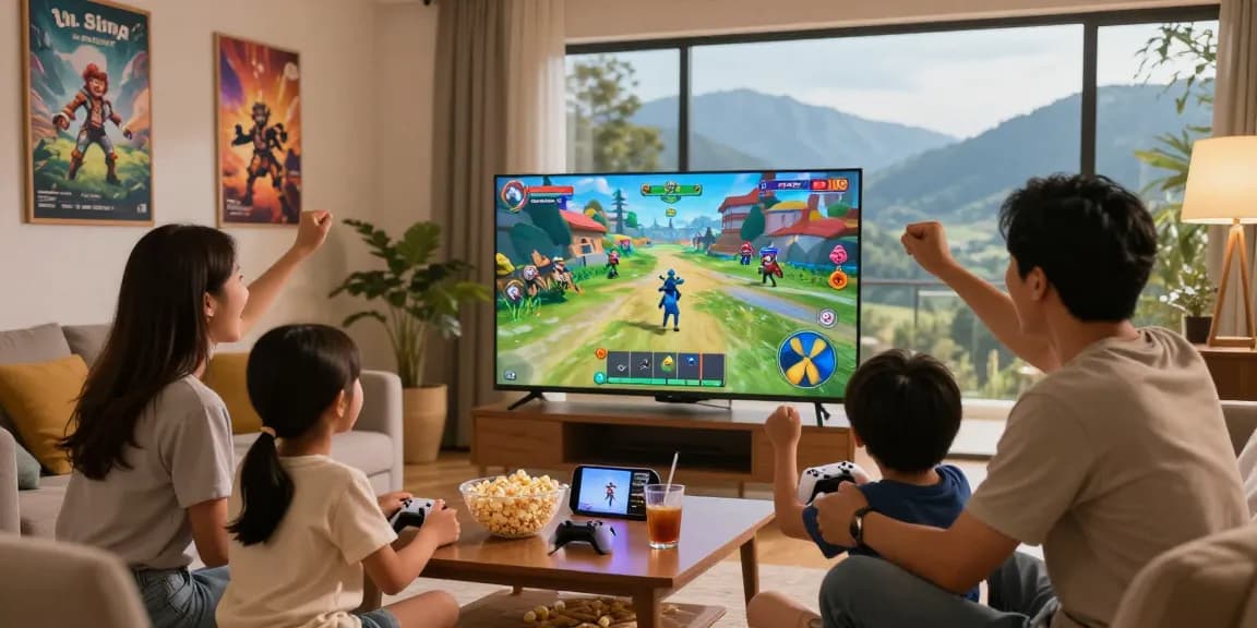 Family enjoying a gaming session with mantra88 login on the screen