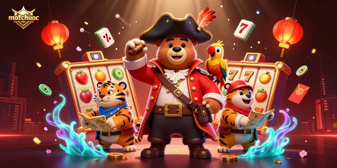 Engage with matchuoc as the pirate captain bear and tiger explore vibrant casino treasures.