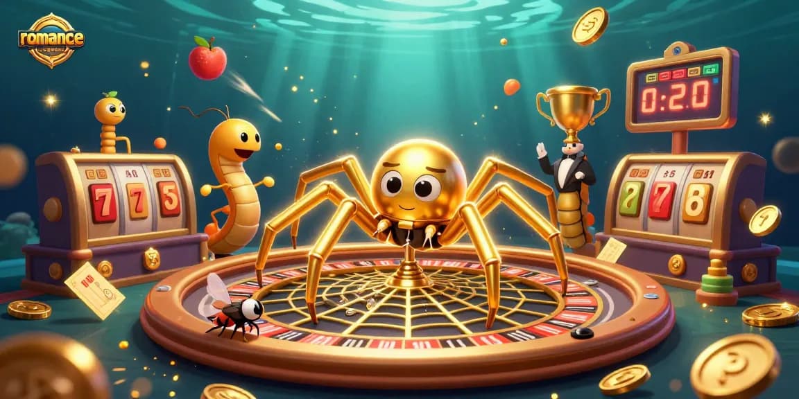 Spin to win with romance-search in a dazzling casino-themed illustration featuring a golden spider and vibrant gaming elements.