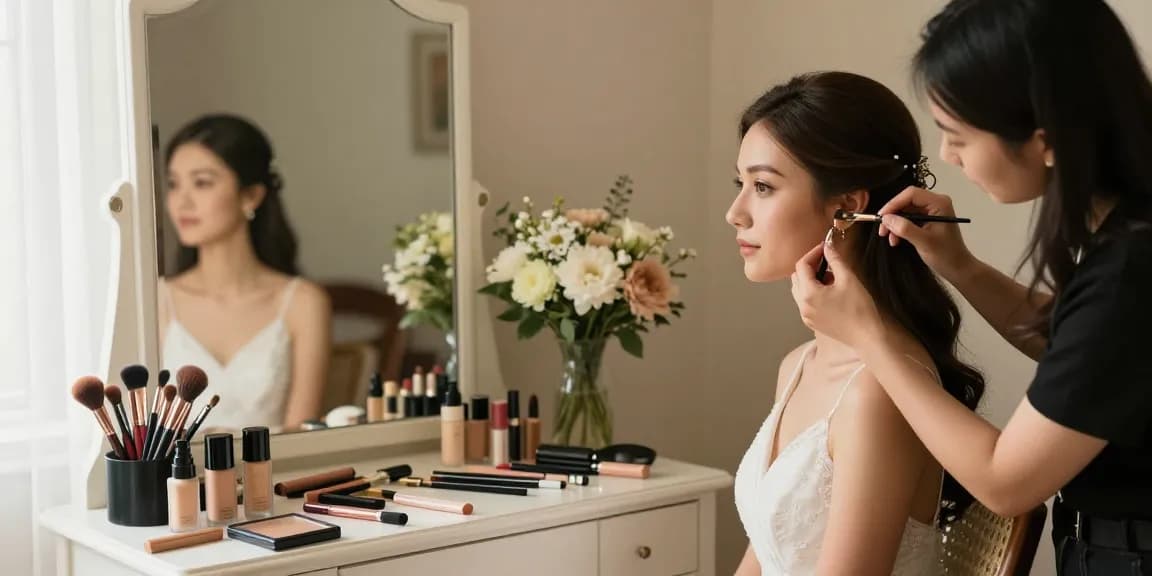 Trucco sposa: makeup artist che prepara una sposa con prodotti di bellezza e fiori in un ambiente luminoso.