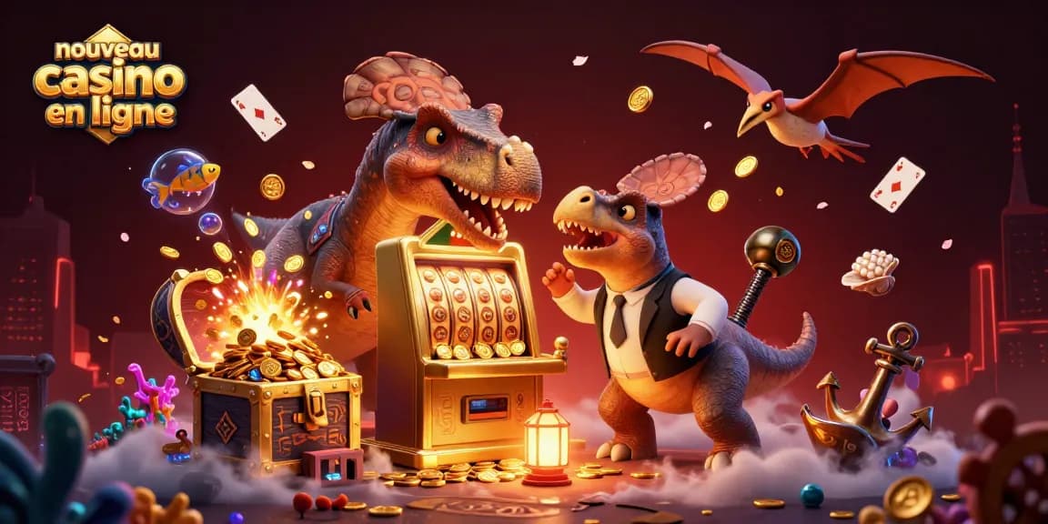 Illustration colorée de "nouveau casino en ligne" avec un dinosaure et des machines à sous.