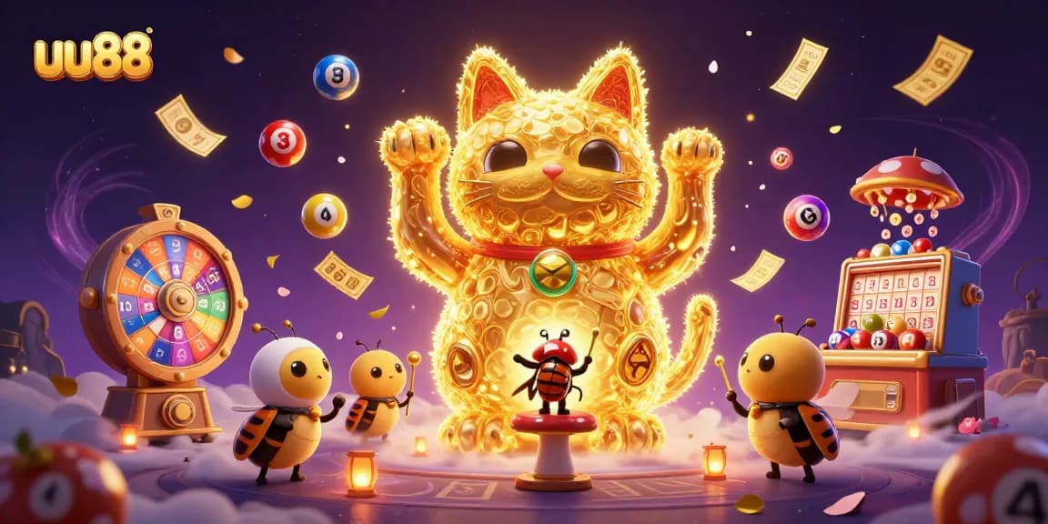 Play and win with uu88's vibrant lucky cat and casino symbols in a fun digital illustration.