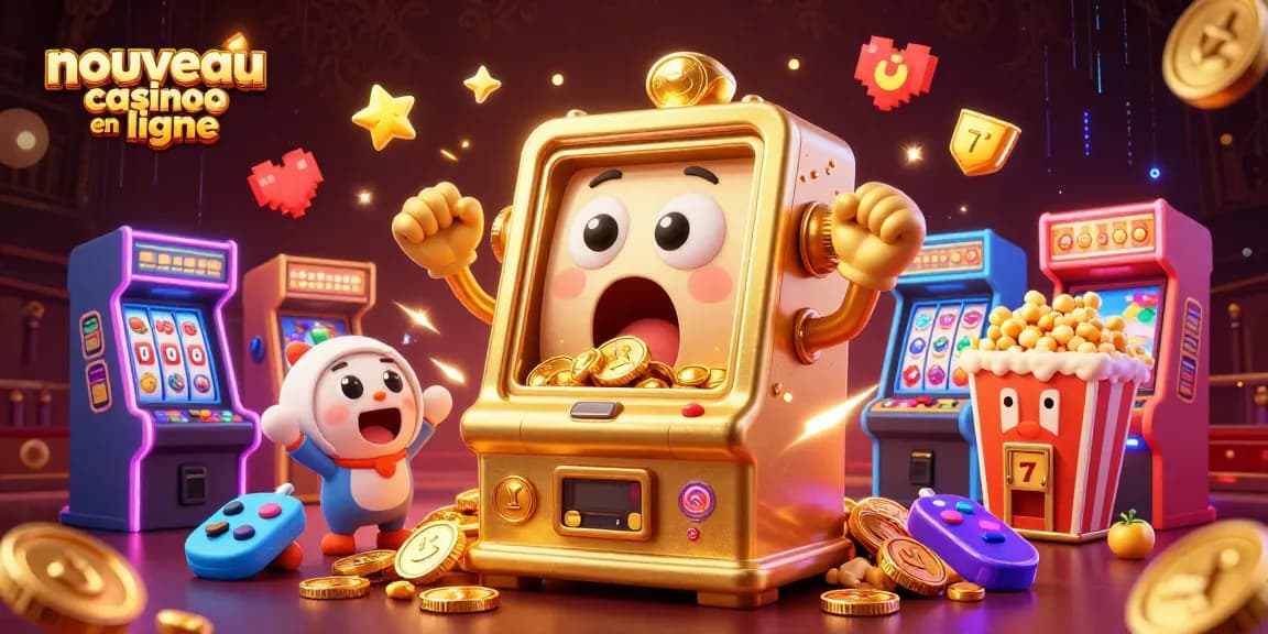 Jackpot explosif au nouveau casino en ligne avec une machine à sous dorée et des machines qui encouragent.