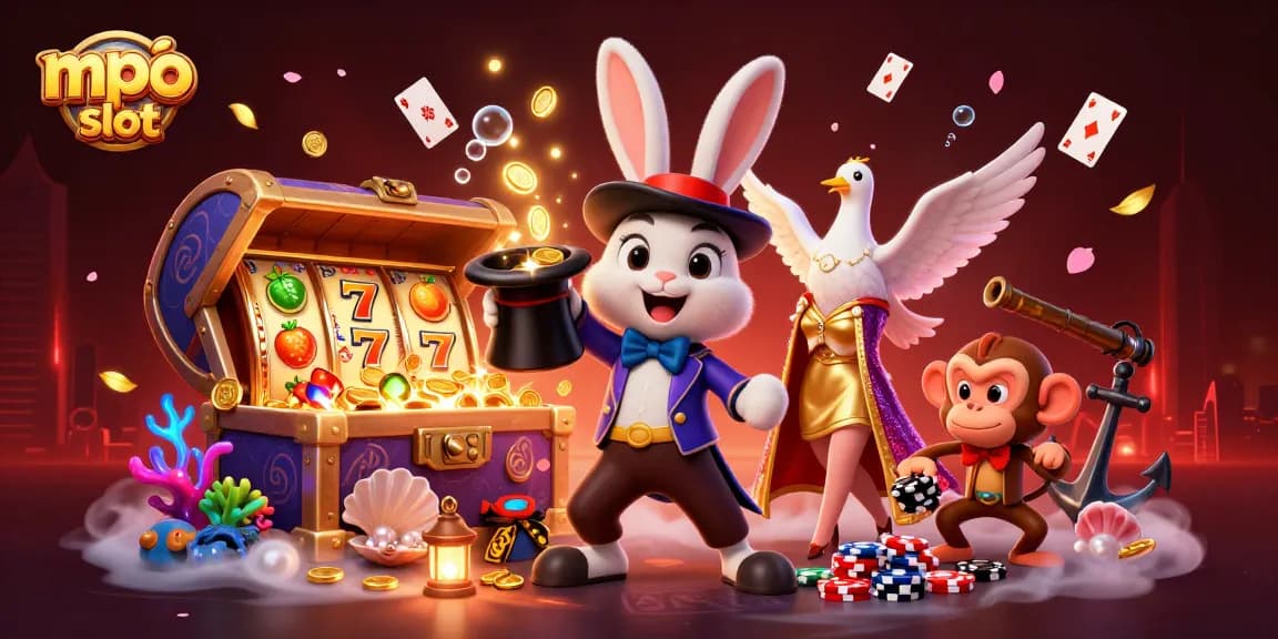 Engage with mpo slot's vibrant scene showcasing the magician rabbit, dove, and monkey amidst a dazzling casino backdrop.