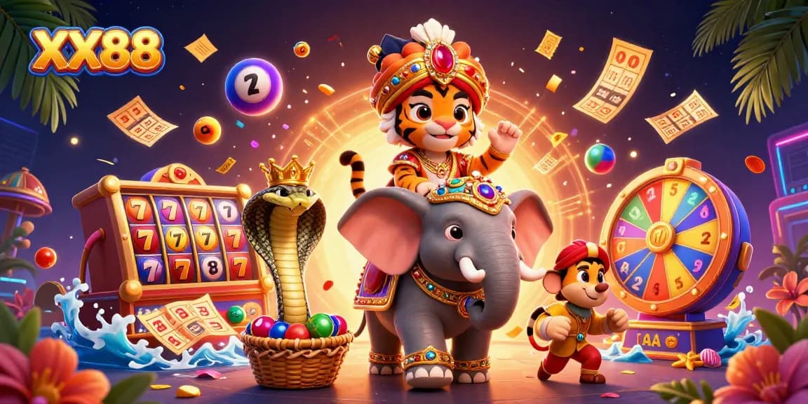 Experience the excitement of XX88 with a vibrant casino scene featuring a majestic maharaja and dynamic game elements.