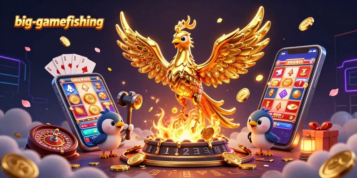 big-gamefishing showcases a fiery golden phoenix amid casino elements, symbolizing luck and wins