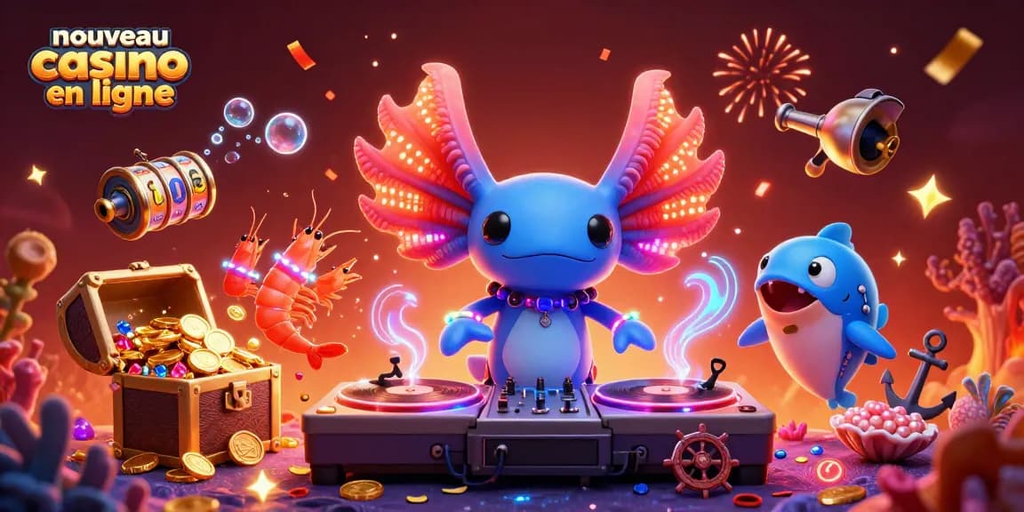 Illustration de l'univers du nouveau casino en ligne avec un DJ axolotl vibrant et des éléments de jeux sous-marins.