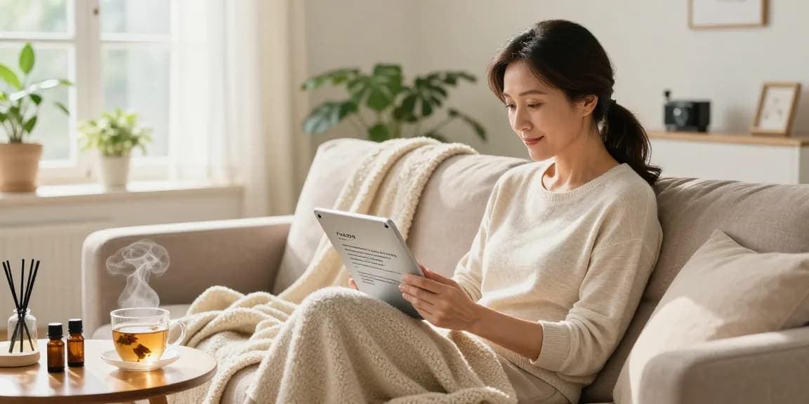 ブラビオンSの口コミをタブレットで読みながらくつろぐ中年女性の居心地の良いリビングシーン