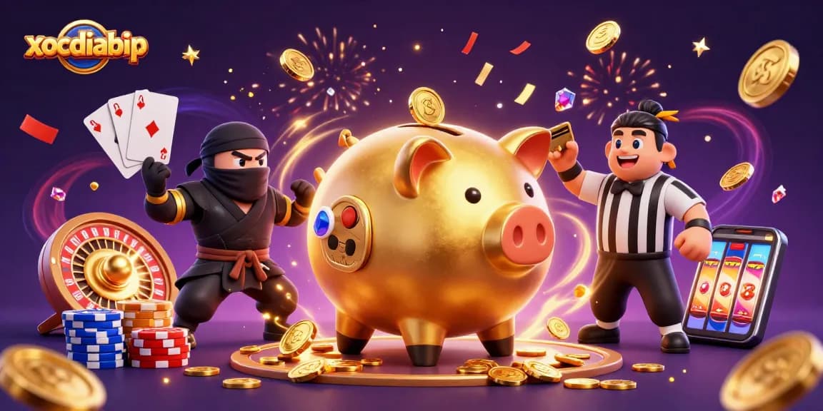 xocdiabip offers a thrilling casino experience with golden piggy bank sumo wrestler and playful elements.