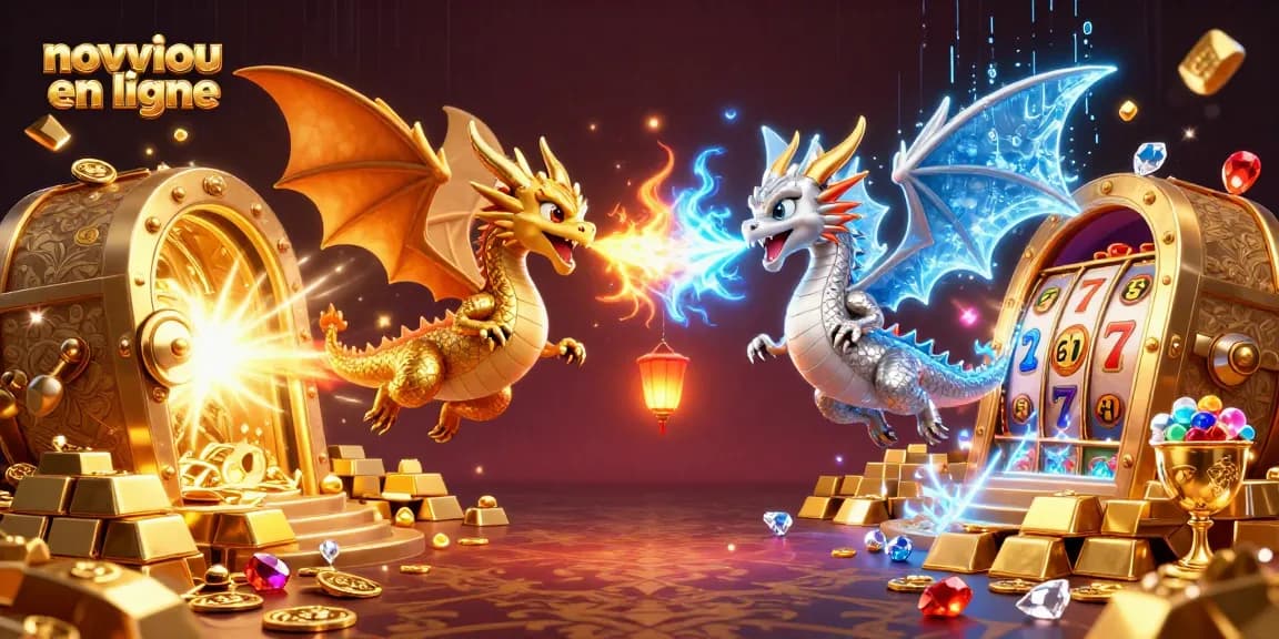 Jouez sur un nouveau casino en ligne avec une scène captivante de dragons survolant des trésors d'or et de jeux.