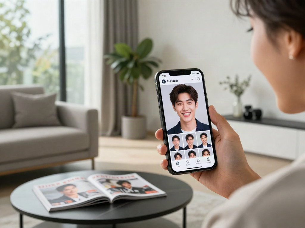 User discovering who looks like a celebrity using a smartphone app in a bright modern living room.