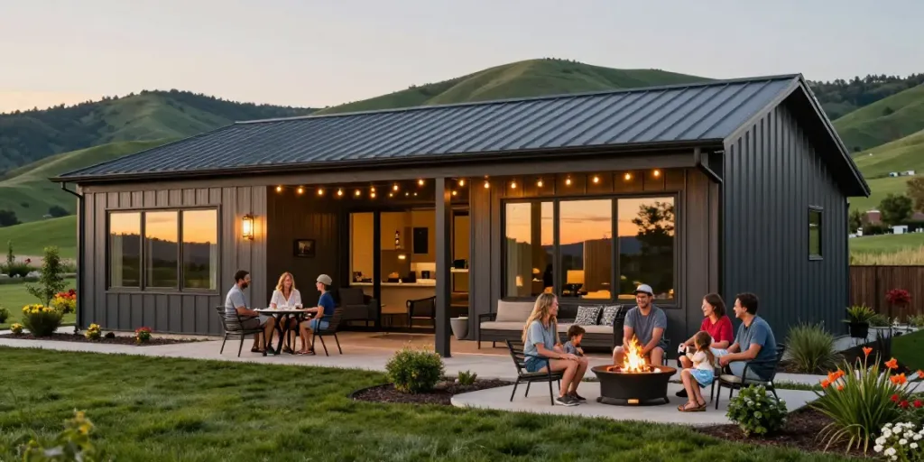 BM2500 barndominium design with family enjoying evening on porch amidst sunset, highlighting modern architecture and outdoor lifestyle.