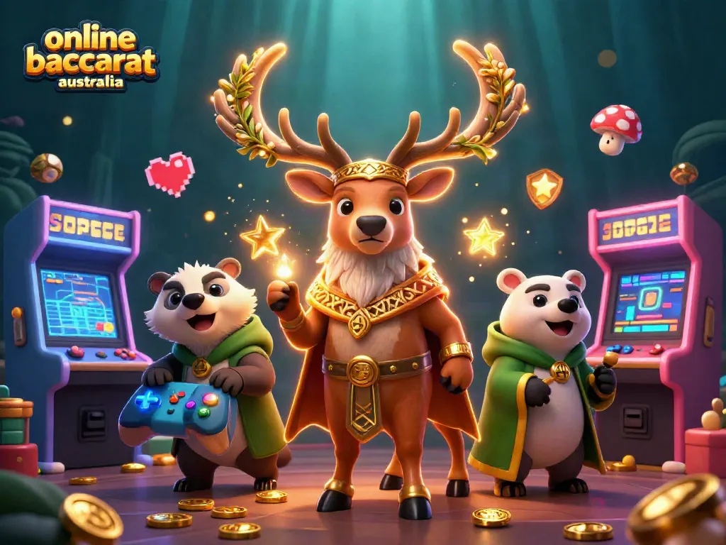 Experience thrilling online baccarat Australia with a captivating scene featuring a Celtic druid stag and a wise badger amidst enchanting game elements.