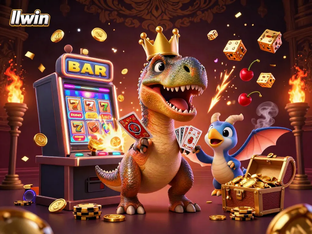 Experience thrilling jackpots with llwin's vibrant T-Rex and animated casino characters!