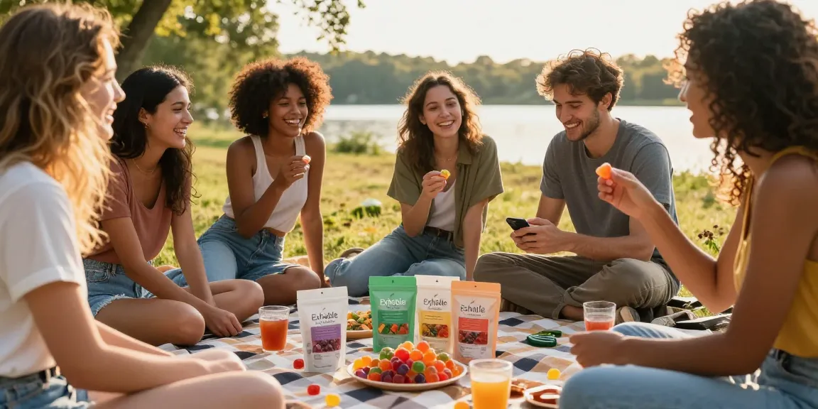 Friends enjoying vibrant THC gummies during sunset picnic at the article URL, showcasing relaxation and wellness.
