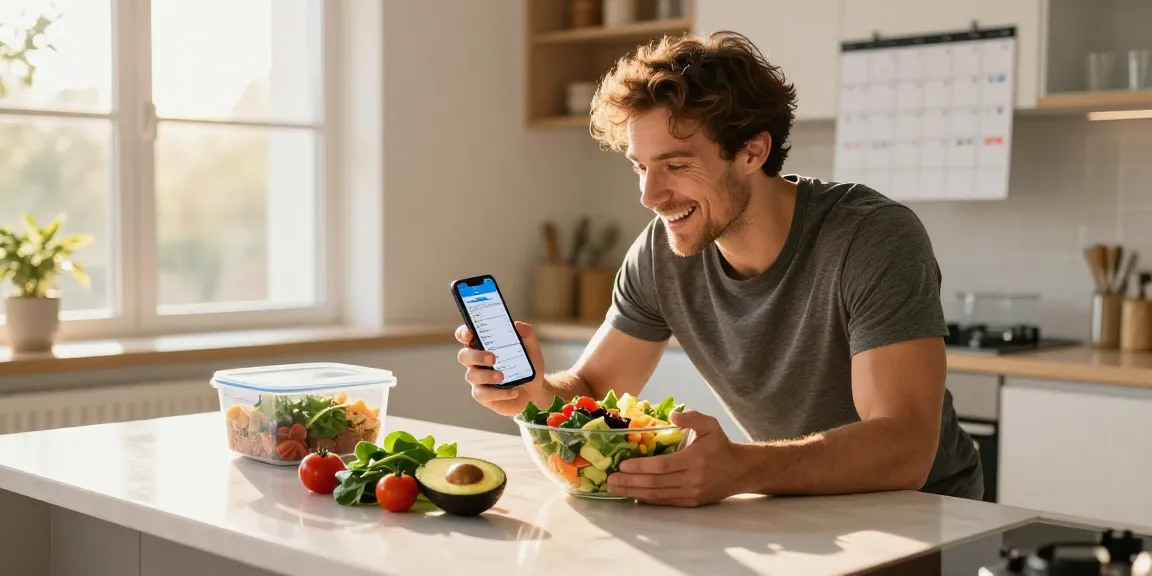 The best AI macro tracker displayed on a smartphone while a person prepares fresh salad ingredients in a bright kitchen.