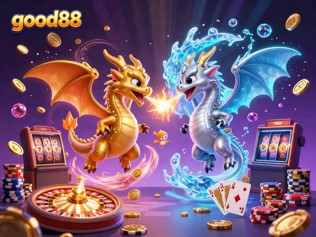 Experience thrilling action with good88 as dragons breathe fire and ice, surrounded by casino elements.