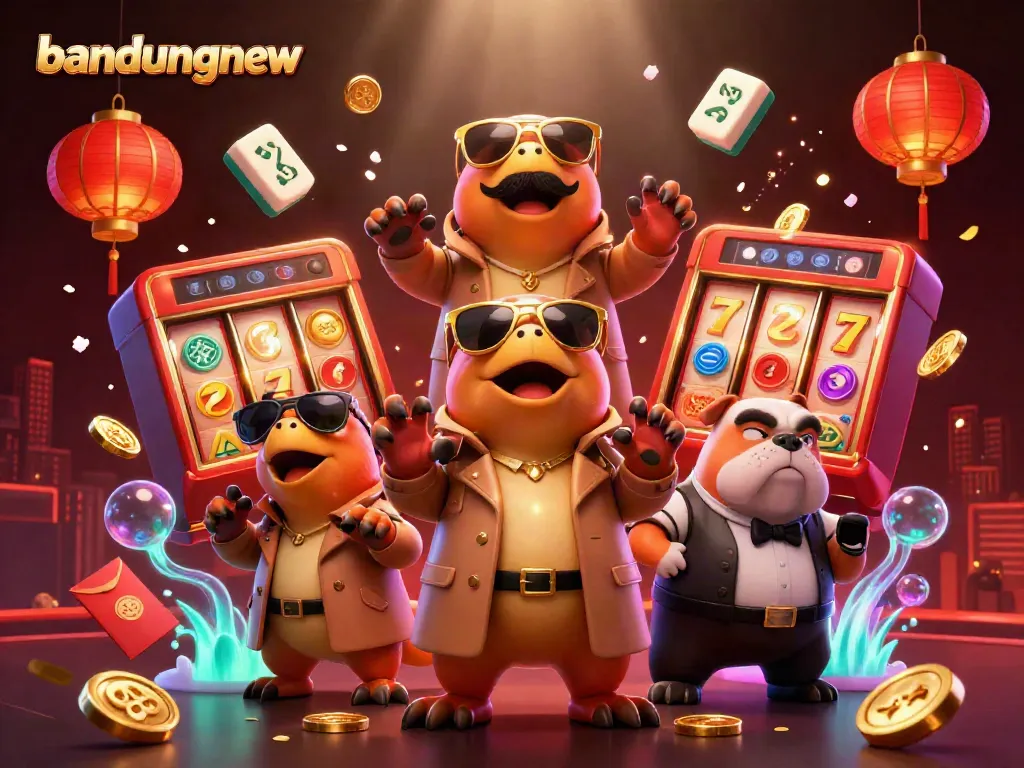 Three raptors in a trench coat enter a VIP casino lounge in a whimsical scene packed with casino elements in bandungnew style.