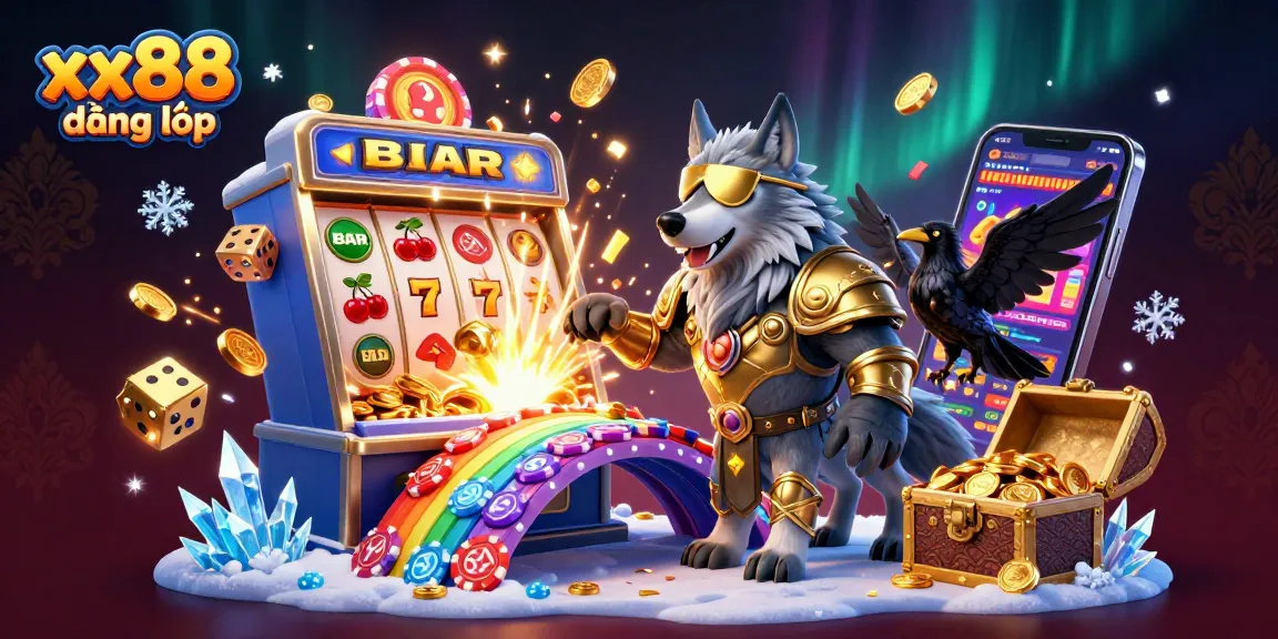 Enjoy the excitement with xx88 đăng nhập as Odin the wolf and his ravens unveil jackpot wins in a vibrant casino scene.