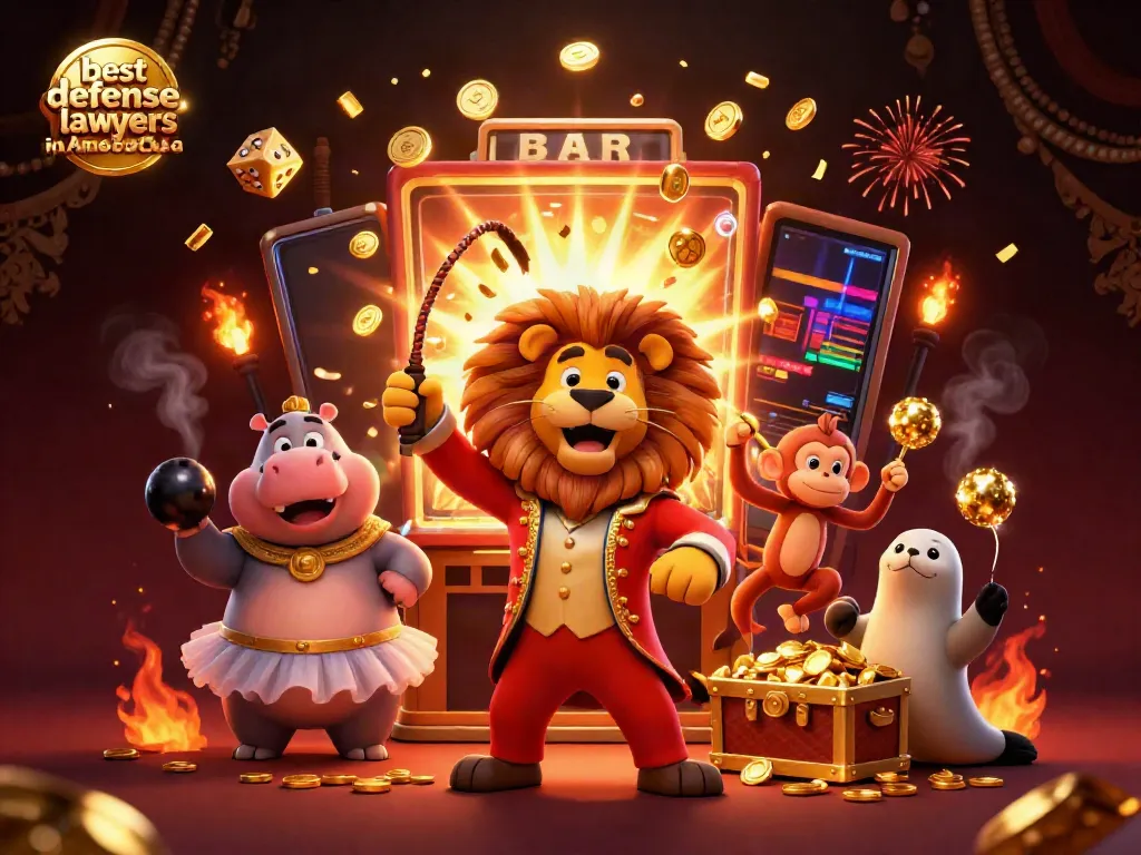 A fun casino-themed illustration showcasing the best defense lawyers in America with a vibrant circus setting, bringing excitement to the gambling world.