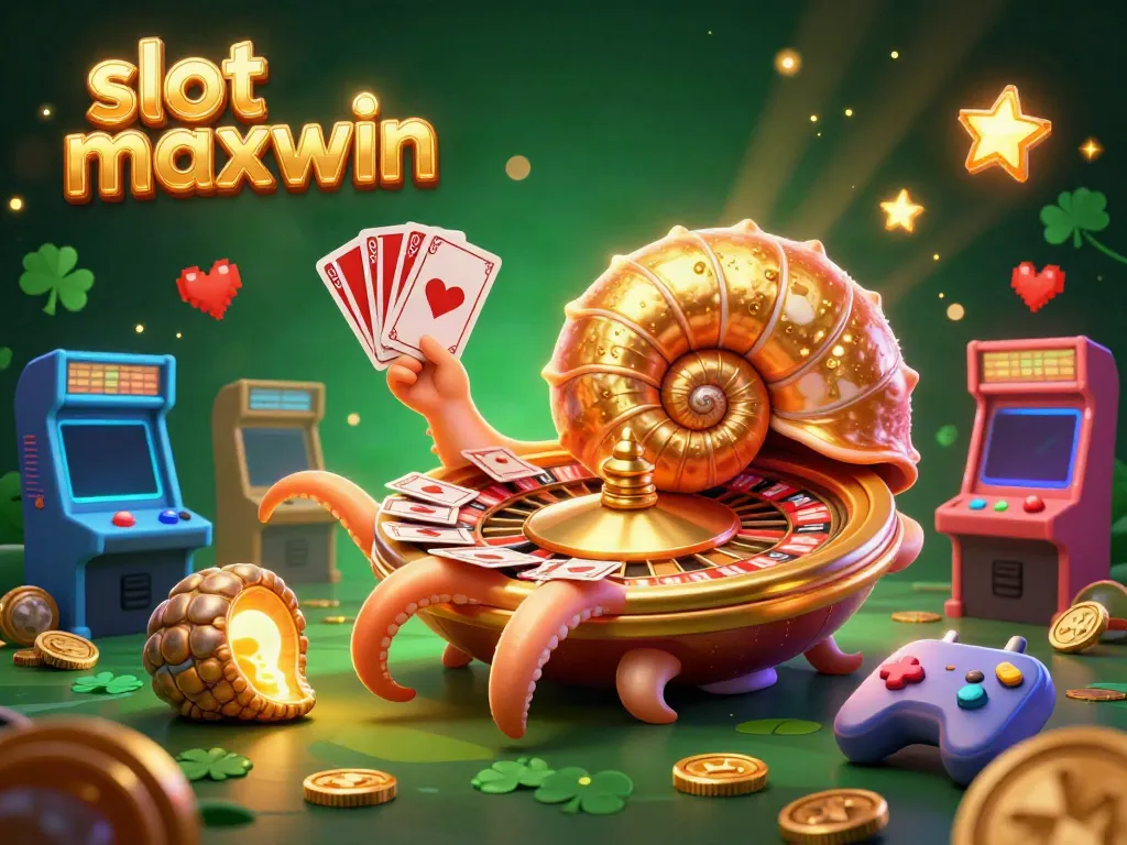 Menangkan slot maxwin dengan gambar kasino 3D penuh warna yang menggambarkan nautilus emas dan mesin permainan.