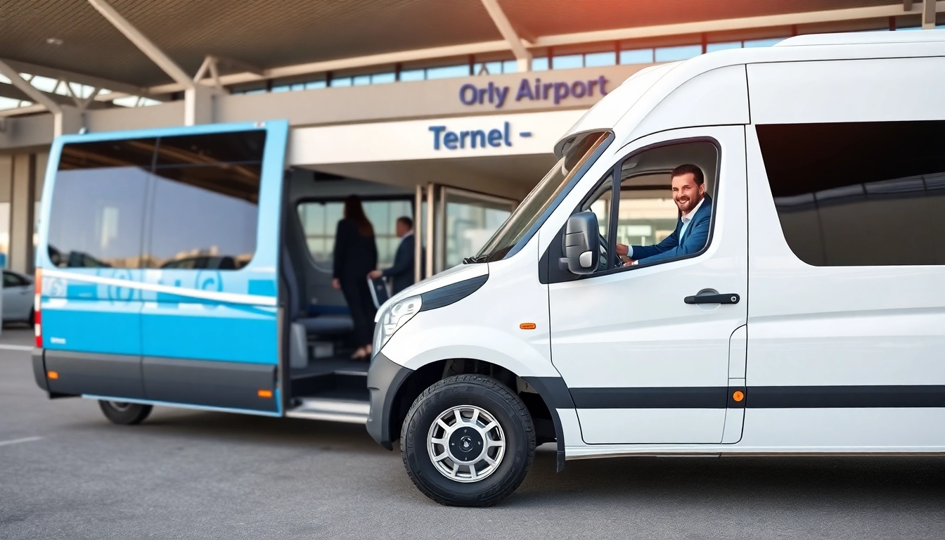 Arrange a seamless Orly Airport to Paris Transfer with a friendly driver near a modern shuttle vehicle.
