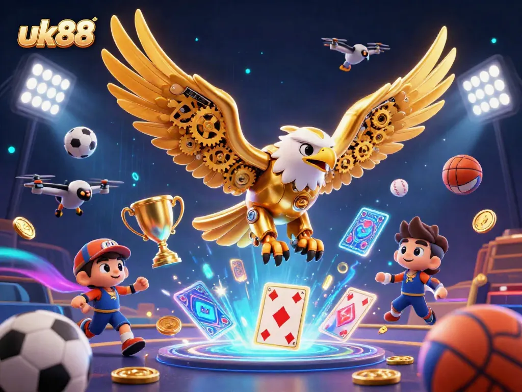 Experience thrilling gaming at uk88 with vibrant 3D casino characters navigating dynamic sports elements.