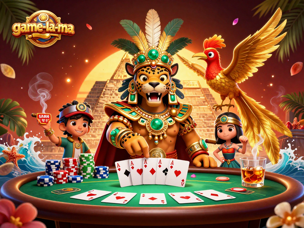 Experience thrilling poker action with game-la-ma featuring a Mayan priest and vibrant game elements.