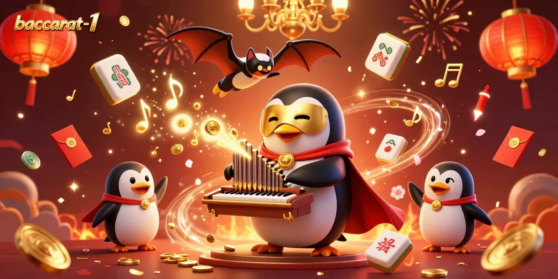 Engage in baccarat-1 as a phantom penguin plays for golden fortune amidst celebratory elements.