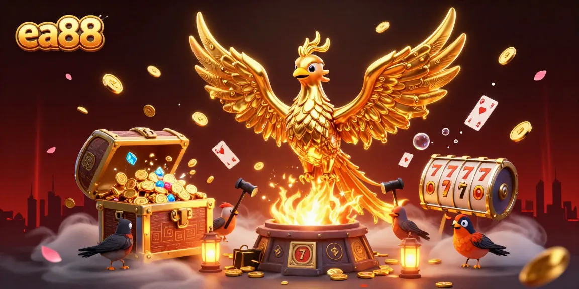 ea88 showcases a dynamic golden phoenix surrounded by slot reels and casino elements for an engaging gaming experience