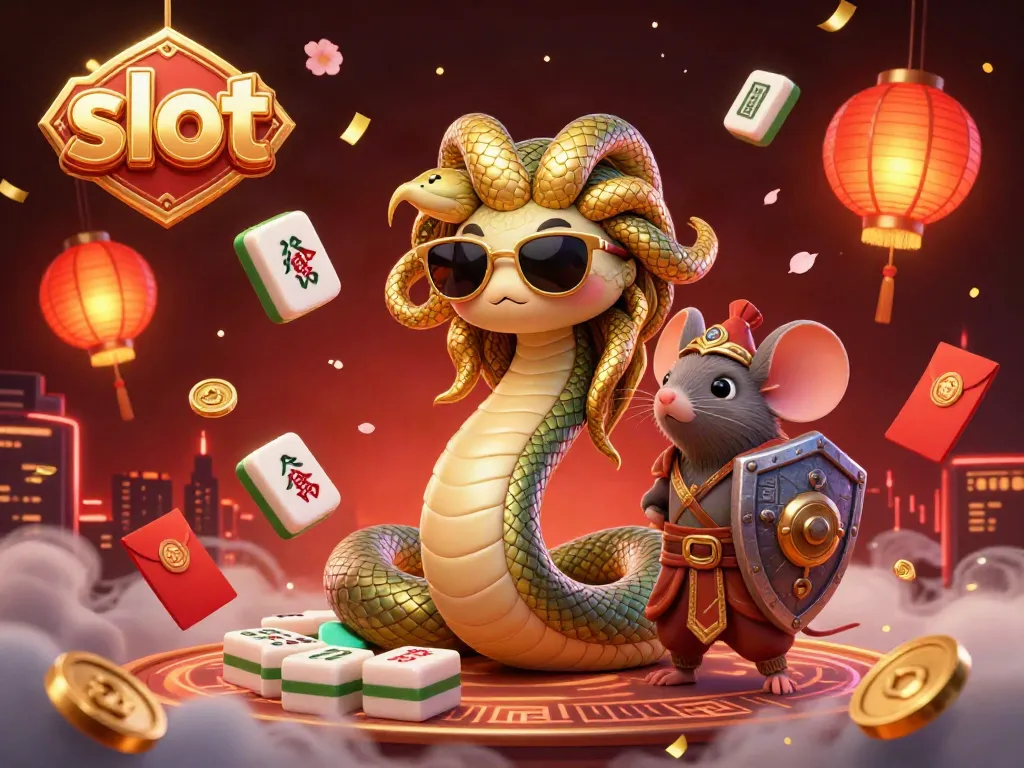 Engage with vibrant slot gaming art featuring Medusa and a warrior mouse amid festive casino elements.