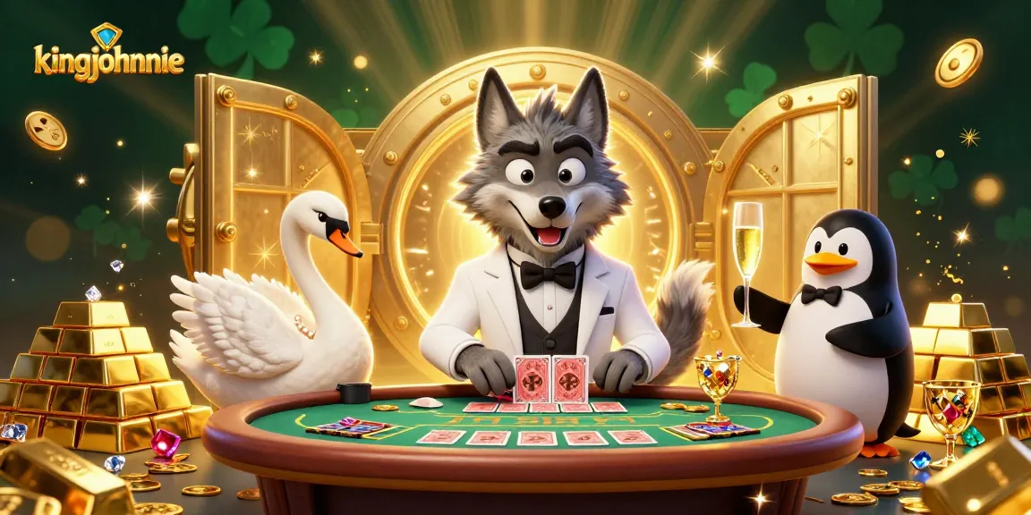 Experience kingjohnnie's vibrant casino scene with a wolf, swan, and penguin celebrating winning moments.