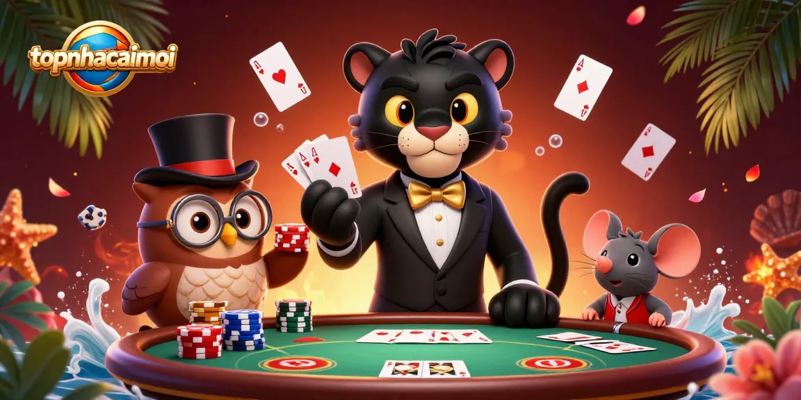 topnhacaimoi showcases a cartoon panther dealer, lively owl, and lucky mouse at a vibrant poker table.
