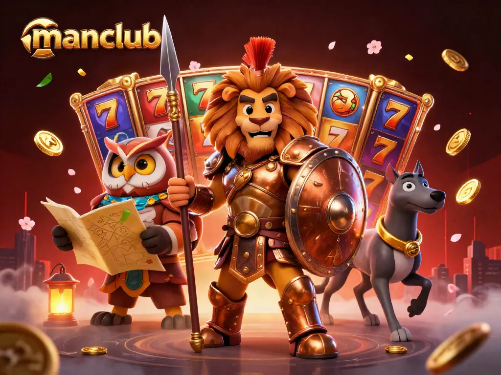 Experience thrilling gaming with manclub's vibrant slot games and lucky symbols in a dynamic scene.
