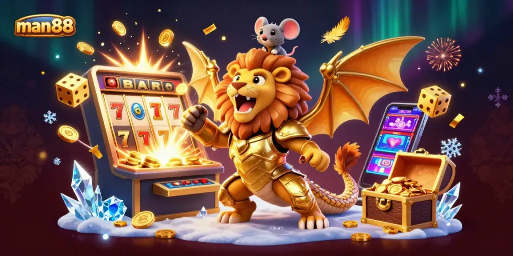 Win big with man88's thrilling slots and jackpots featuring golden coins and vivid gaming elements.