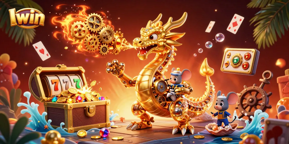 Iwin captivating casino art featuring a golden dragon amidst vibrant slot machines and treasures