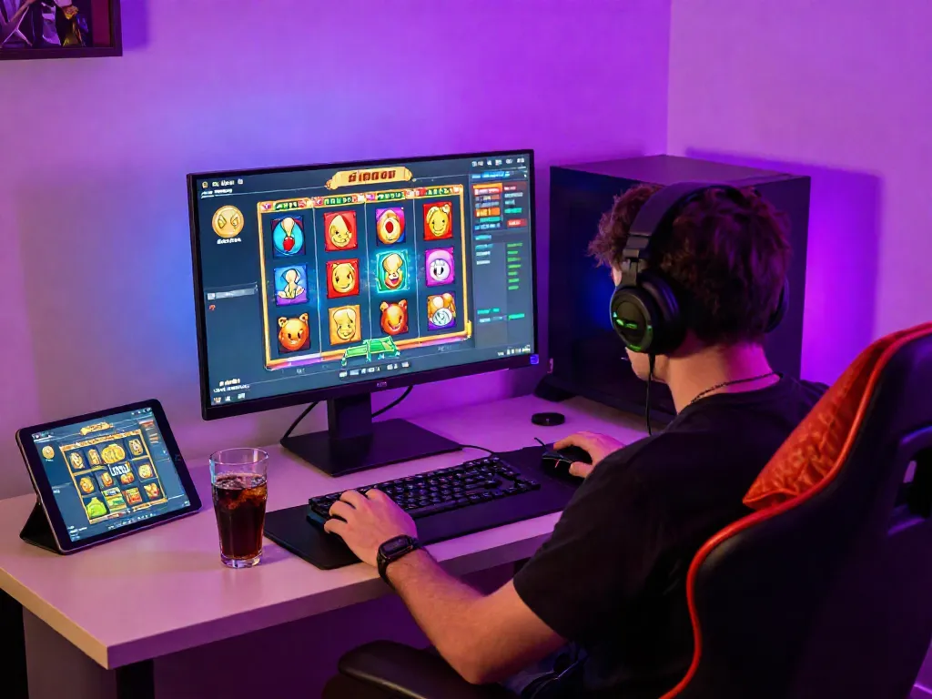 Exciting gaming atmosphere with slot gacor interface and player at home.