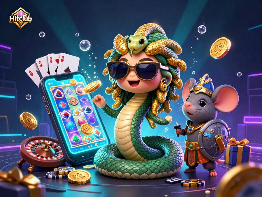Hitclub showcases an exciting gaming scene with Medusa, a mouse warrior, and vibrant casino elements.