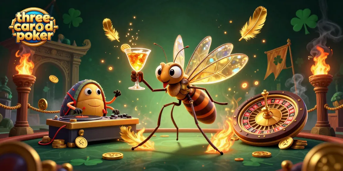 Experience three-card-poker excitement with our casino mascot amid golden elements and vibrant action.