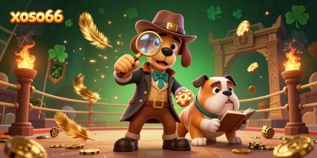 Xoso66 captures a thrilling gaming scene with a detective bloodhound and his sidekick exploring poker clues surrounded by vibrant casino symbols.