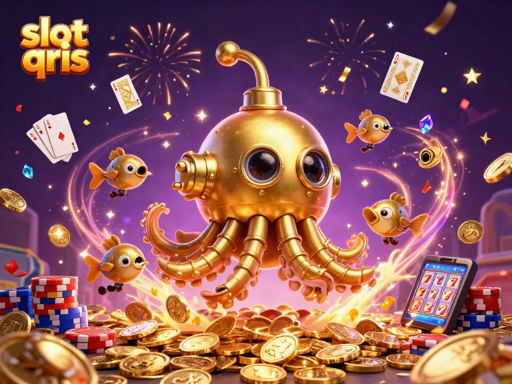 Experience thrilling gameplay at slot qris with a vibrant underwater scene featuring a golden kraken and dynamic casino elements.