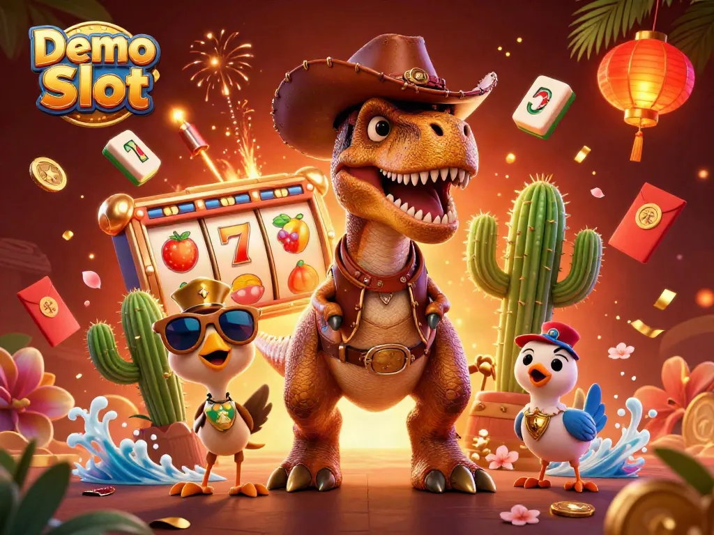Spin the Demo Slot with a T-Rex cowboy and vibrant casino elements for an exciting gaming experience.