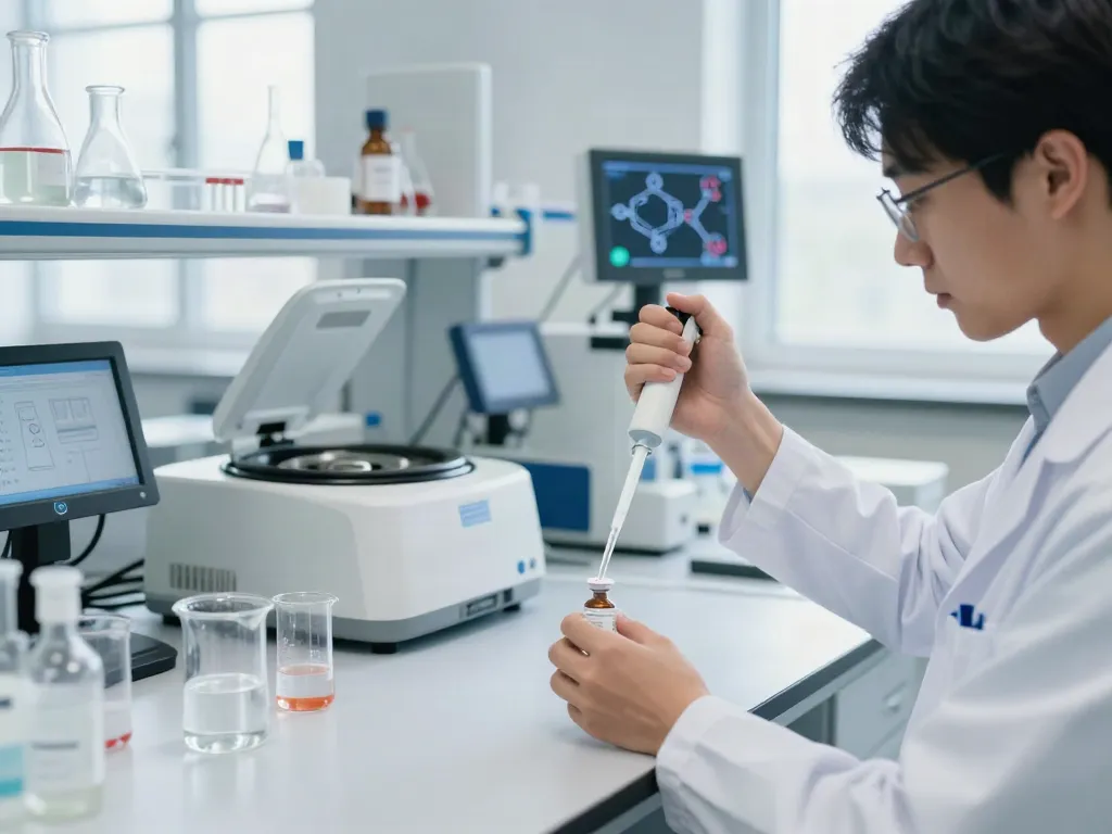 Scientist conducting research with Swiss Chems peptides in a modern laboratory.