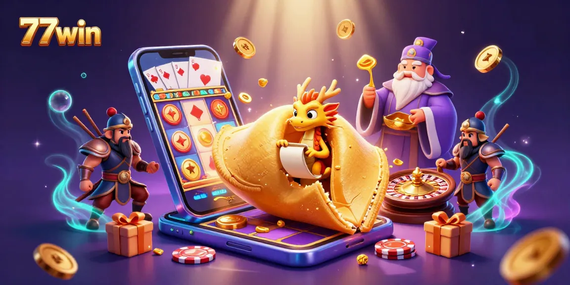 77win players enjoy spinning slot games with a dynamic golden fortune cookie scene illustrating casino excitement.