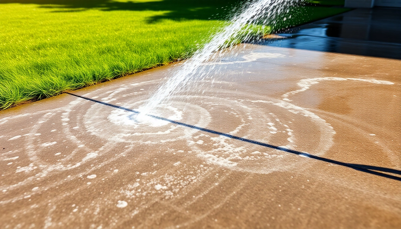 Driveway cleaning service revitalizing a concrete driveway with bright water jets.