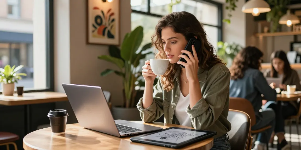 Gái gọi trẻ trung đang làm việc trong quán cà phê với laptop và điện thoại, không gian hiện đại và ấm cúng.